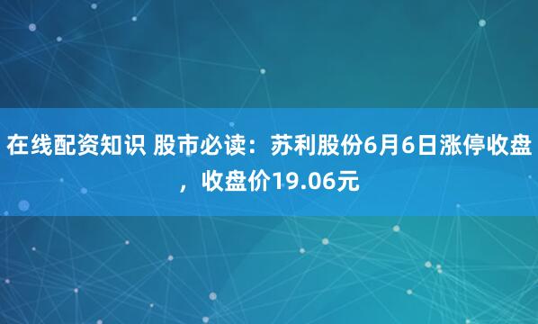 在线配资知识 股市必读：苏利股份6月6日涨停收盘，收盘价19.06元